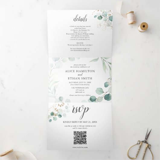 Invitation Trois Volets Eucalyptus Elégant Mariage de code QR (Intérieur)