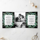 Invitation Trois Volets Eucalyptus Feuilles Photo Collage Mariage noir (Intérieur)