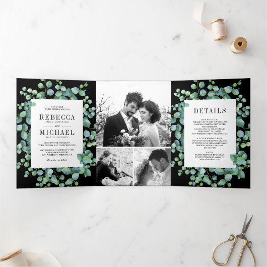 Invitation Trois Volets Eucalyptus Feuilles Photo Collage Mariage noir (Intérieur)