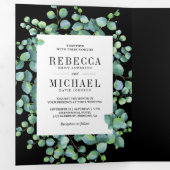 Invitation Trois Volets Eucalyptus Feuilles Photo Collage Mariage noir (Intérieur en premier)