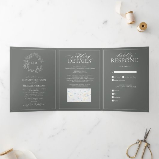 Invitation Trois Volets Eucalyptus Green Leafer Crest Monogram Mariage (Intérieur)