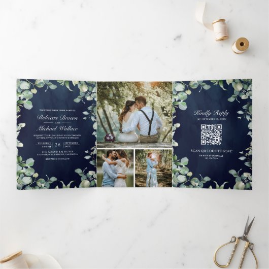 Invitation Trois Volets Eucalyptus moderne QR Code Marine Mariage bleu (Intérieur)