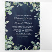 Invitation Trois Volets Eucalyptus moderne QR Code Marine Mariage bleu (Intérieur en premier)