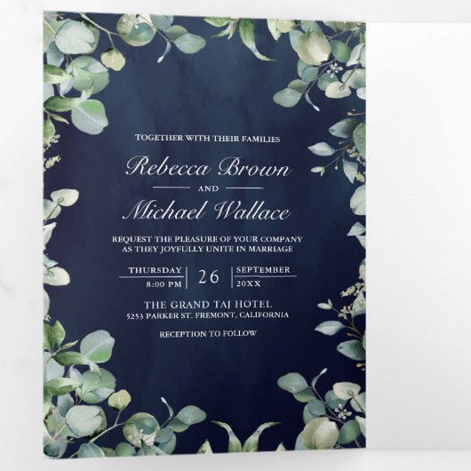 Invitation Trois Volets Eucalyptus moderne QR Code Marine Mariage bleu (Intérieur en premier)