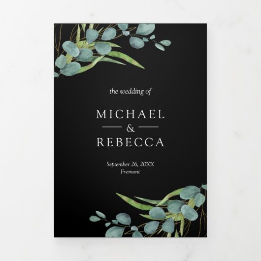 Invitation Trois Volets Eucalyptus Photo Collage QR Code Mariage noir (Page de couverture)