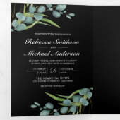 Invitation Trois Volets Eucalyptus Photo Collage QR Code Mariage noir (Intérieur en premier)