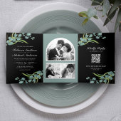 Invitation Trois Volets Eucalyptus Photo Collage QR Code Mariage noir