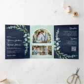 Invitation Trois Volets Eucalyptus Photo Collage QR Code Marine Mariage bl (Intérieur)