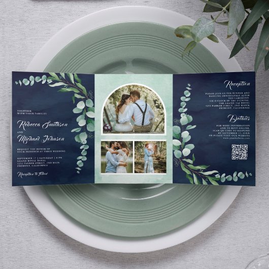 Invitation Trois Volets Eucalyptus Photo Collage QR Code Marine Mariage bl