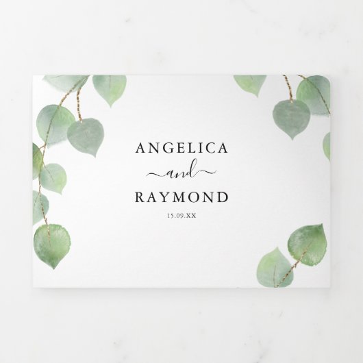 Invitation Trois Volets Eucalyptus Verdure & Mariage classique Or (Page de couverture)