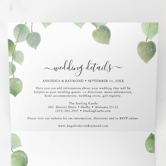 Invitation Trois Volets Eucalyptus Verdure & Mariage classique Or (Intérieur en premier)