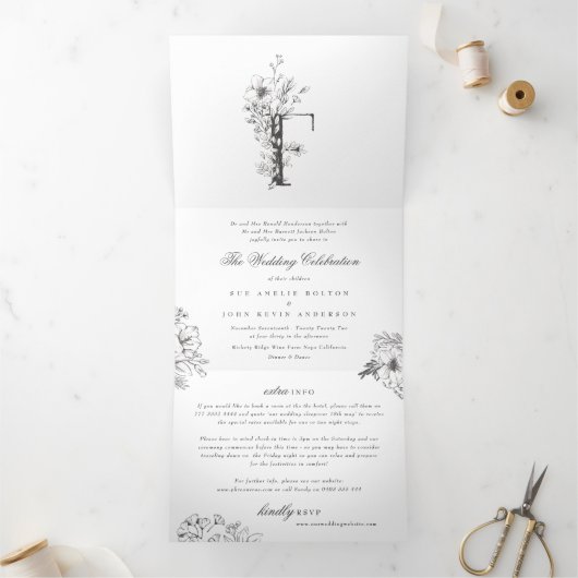 Invitation Trois Volets 'F' Monogramme Beau Mariage floral croisé (Intérieur)