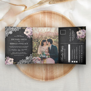 Invitation Trois Volets Fairepart de mariage photo floral rose dentelle ta