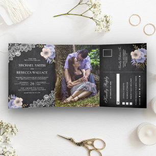 Invitation Trois Volets Fairepart de mariage photo floral violet dentelle