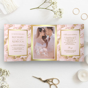 Invitation Trois Volets Fairepart de Mariage Photo Marbre Rose Dorure Faus