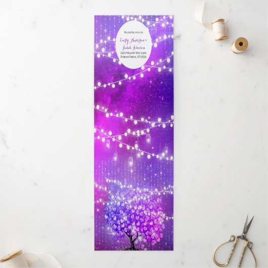 Invitation Trois Volets Fairy Lights Élégant Plum rose Mariage de feuille  (Extérieur)