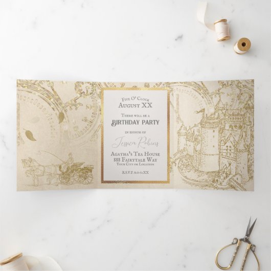 Invitation Trois Volets Fairy Tale Thème Château Carriage Parties scintill (Intérieur)