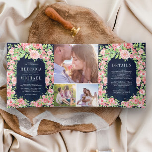 Invitation Trois Volets Fard Rose Collage de photos d'arche de roses rose