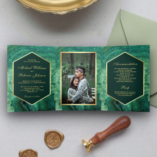 Invitation Trois Volets Faux agate verte feuille d'or Mariage Photo