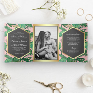 Invitation Trois Volets Faux feuillage de palmier tropical en feuille d'or