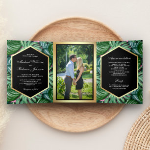 Invitation Trois Volets Faux feuillage de palmier tropical en feuille d'or