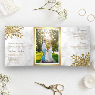 Invitation Trois Volets Faux Gold Feuille Floral Marbre blanc Mariage