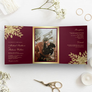 Invitation Trois Volets Faux Gold Foil Feuilles Floral Bourgogne Mariage