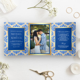 Invitation Trois Volets Faux papier doré Mariage Photo Royal Bleu Damassé