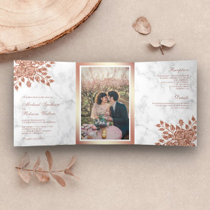 Invitation Trois Volets Faux Rose Gold Feuilles Floral Marbre blanc Mariag