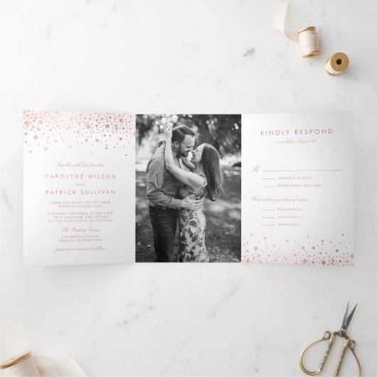 Invitation Trois Volets Faux Rose Gold Foil Confetti Dots Mariage blanc (Intérieur)