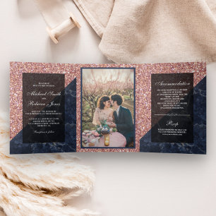 Invitation Trois Volets Faux Rose Gold Pailleté Bleu Marbre Photo de Maria