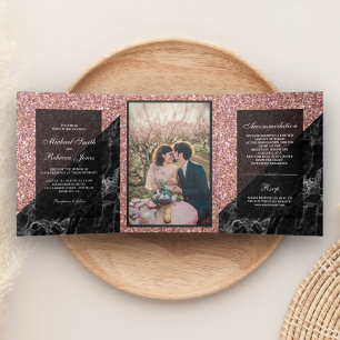 Invitation Trois Volets Faux Rose Gold Pailleté Mariage Photo Marbre Noir