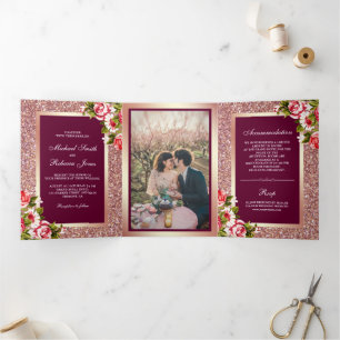 Invitation Trois Volets Faux Rose Gold Parties scintillant Sparkle Pink Fl