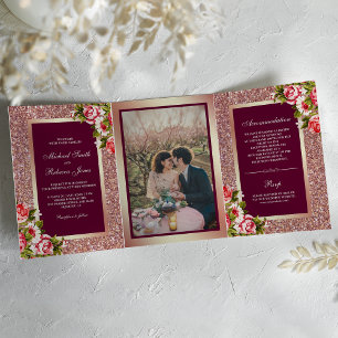 Invitation Trois Volets Faux Rose Parties scintillant or étincelante rose 
