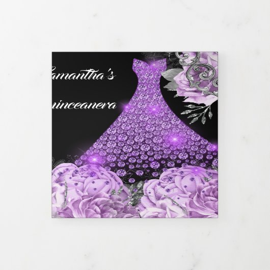 Invitation Trois Volets Femme noire violet rose photo parties scintillant  (Protection)