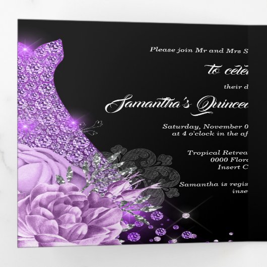 Invitation Trois Volets Femme noire violet rose photo parties scintillant  (Intérieur en premier)