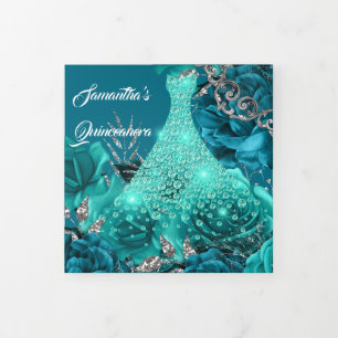 Invitation Trois Volets FEMMES roses turquoises d'argent PHOTO Fleur anniv