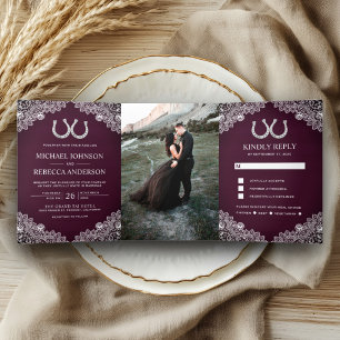 Invitation Trois Volets Fer à cheval en bois violet prune Mariage Photo