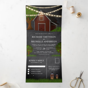 Invitation Trois Volets Ferme Tableau Noir Grange Rouge Guirlandes Lumineu