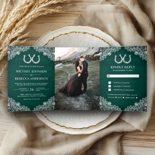 Invitation Trois Volets Fers à Cheval en Bois Vert Cyan Mariage Photo de D