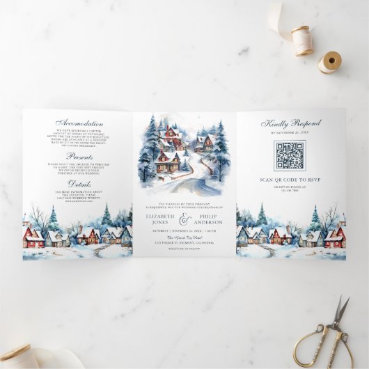 Invitation Trois Volets Festif Village d'hiver QR Code Mariage (Intérieur)