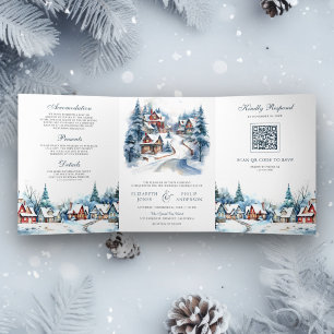 Invitation Trois Volets Festif Village d'hiver QR Code Mariage