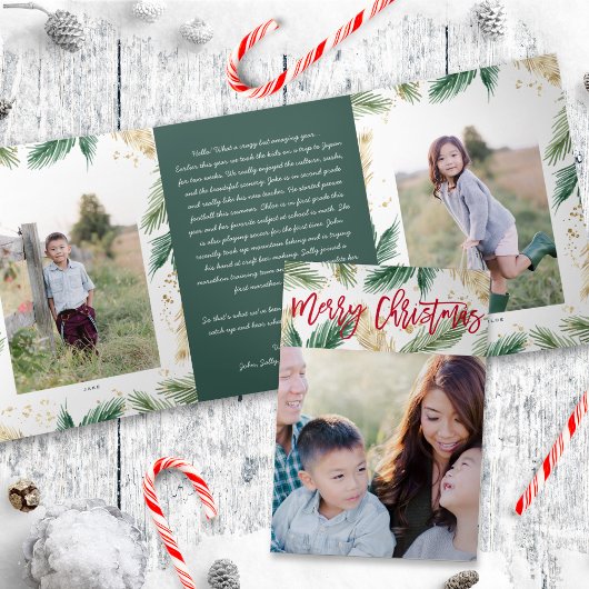 Invitation Trois Volets Festive Verdure or Noël photo pliée carte