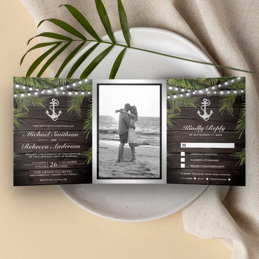 Invitation Trois Volets Feuille d'Ancre Rustic Wood Tropical Palm