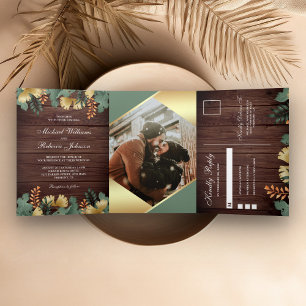 Invitation Trois Volets Feuille de Tropicale Géométrique en Or Photo Maria