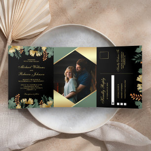 Invitation Trois Volets Feuille de Tropicale Géométrique en Or Photo Maria