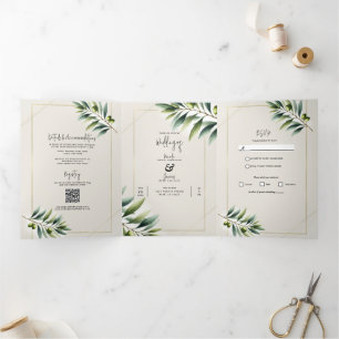 Invitation Trois Volets Feuille d'olive verte os blanc et or mariage rusti