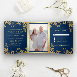 Invitation Trois Volets Feuille Mariage Floral Blue et Gold Foil de la Mar