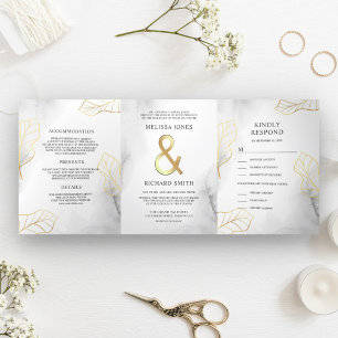 Invitation Trois Volets Feuilles blanc et or tout en un Mariage
