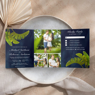 Invitation Trois Volets Feuilles de bananier tropicales 3 en 1 mariage ble